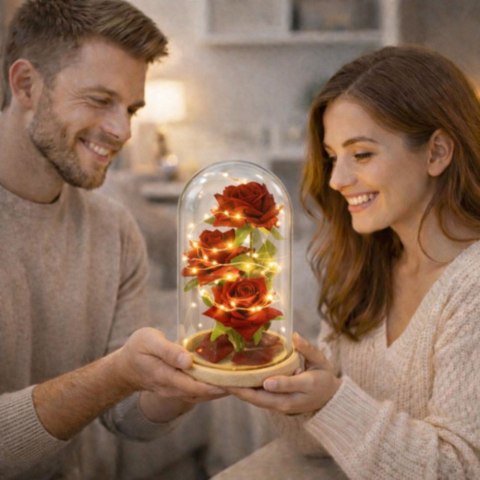 Wieczne Róże W Szklanej Kopule Oświetlenie LED Czerwone 21,5 x 11 cm LEAN