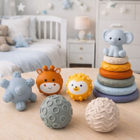 Zestaw Klocki Sensoryczne Gumowe Dla Niemowląt 3w1 Piłeczki Wieża LEAN Toys