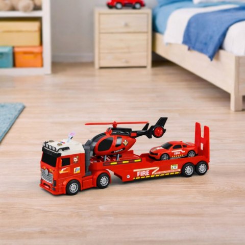 Zestaw Strażacki Ratunkowy Ciężarówka Laweta Auto Helikopter Światła Dźwięk