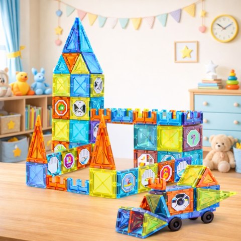 Klocki Magnetyczne Edukacyjne Okienka Z Pojazdem 3D Naklejki 138 el. LEAN Toys