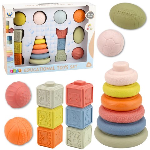 Zestaw Miękkie Zabawki Sensoryczne Piłeczki Piramidka Klocki 18 el.