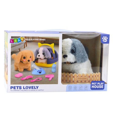 Pies Interaktywny Pluszowy Chodzi Szczeka Transporter Akcesoria Szaro-Biały LEAN Toys