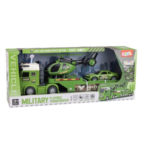 Zestaw Militarny Wojskowy Ciężarówka Laweta Auto Helikopter Światła Dźwięk LEAN Toys