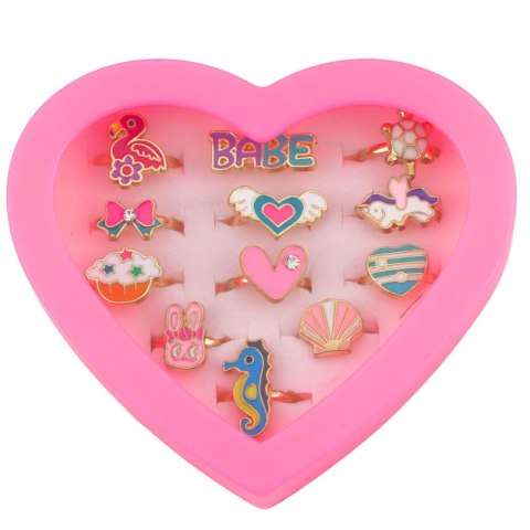 Zestaw Pierścionki Dla Dzieci Regulowane Metalowe Różne Wzory Serce 12 szt. LEAN TOYS