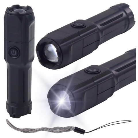 Latarka LED Regulacja Zoom 3 Tryby Świecenia Ładowanie USB Czarna