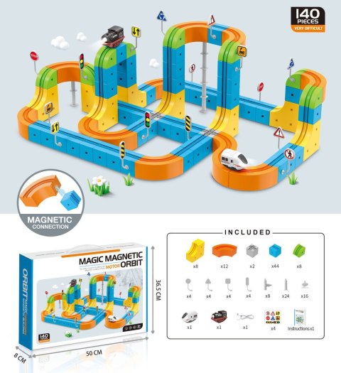 Klocki magnetyczne konstrukcyjne tor wyścigowy pociągi 140 elementów Kik Sp. z o. o. Sp. k.