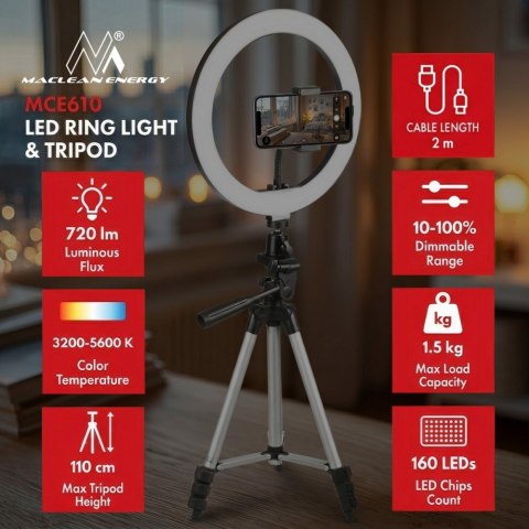 Lampa pierścieniowa LED12W 10" ze statywem MCE610