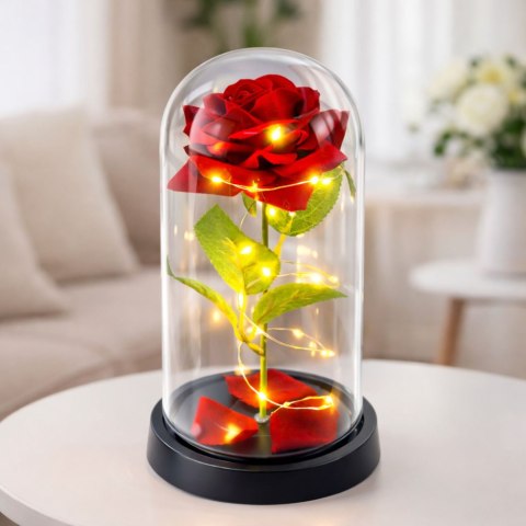 Wieczna Róża W Szklanej Kopule Oświetlenie LED Czerwona 21,5 x 11 cm