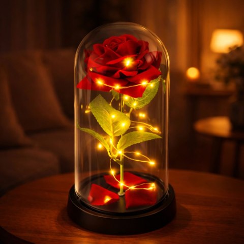 Wieczna Róża W Szklanej Kopule Oświetlenie LED Czerwona 21,5 x 11 cm