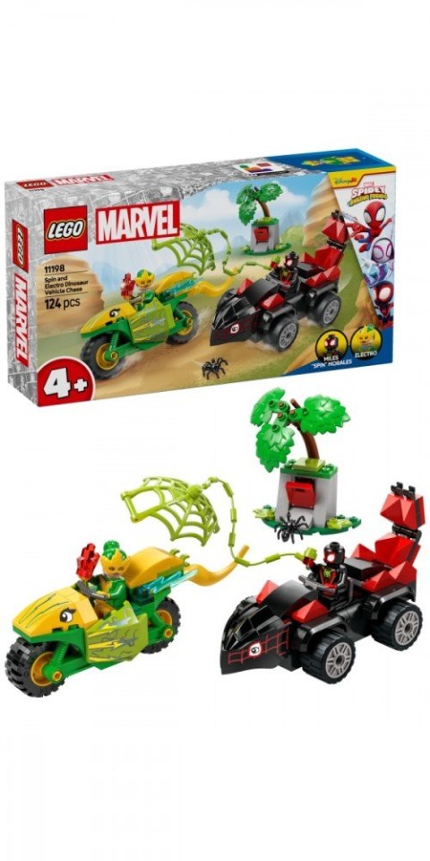 Klocki SPIDEY 11198 Pościg Spina za Electro w dinopojeździe LEGO