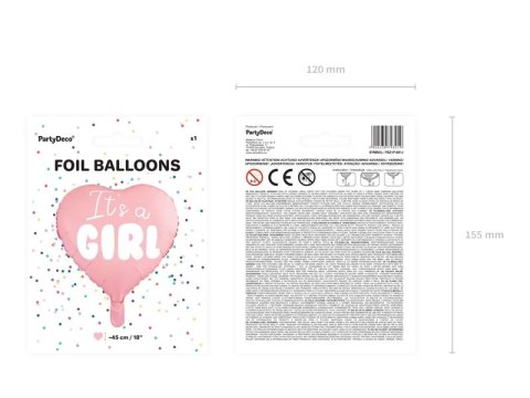 Balon foliowy "It's a girl" na baby shower serce różowe 48cm Partydeco Sp. z o. o.