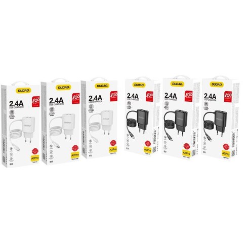 Ładowarka sieciowa 2x USB z wbudowanym kablem do iPhone Lightning 12W czarny DUDAO