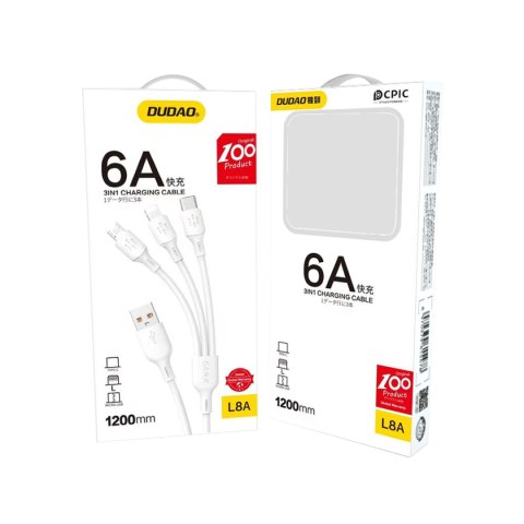 3w1 Kabel przewód USB-A do USB-C micro USB iPhone Lightning 480Mb/s 1.2m biały DUDAO
