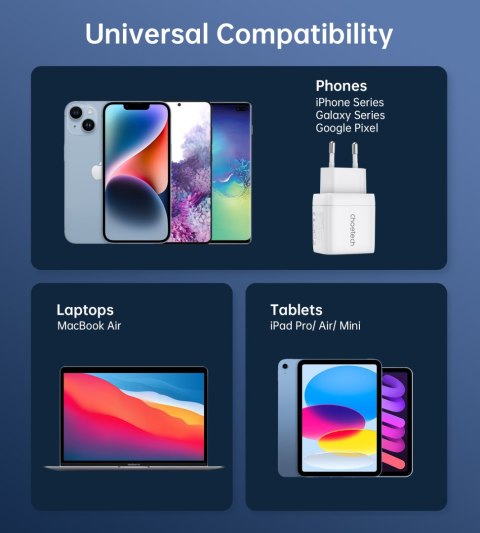 Mała mocna ładowarka sieciowa GaN USB-A USB-C PD 35W z wyświetlaczem biała CHOETECH