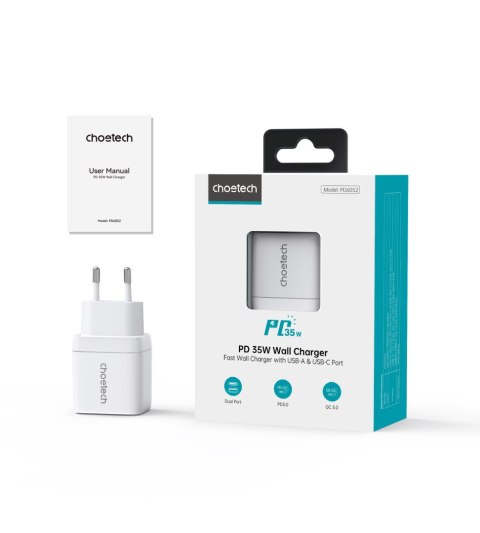 Mała mocna ładowarka sieciowa GaN USB-A USB-C PD 35W z wyświetlaczem biała CHOETECH
