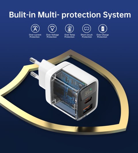 Mała mocna ładowarka sieciowa GaN USB-A USB-C PD 35W z wyświetlaczem biała CHOETECH