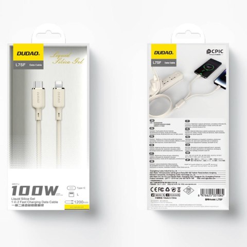 2w1 Kabel przewód wzmacniany SR USB-C - USB-C / Lightning 100W 1.2m beżowy DUDAO