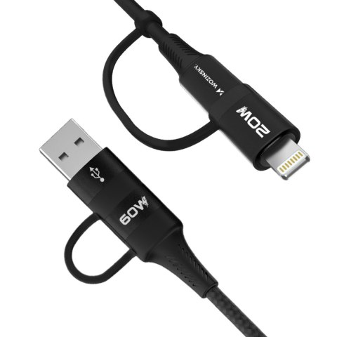4w1 Uniwersalny kabel przewód 2x USB-C 1x USB-A 1x Lightning 60W 1m czarny WOZINSKY