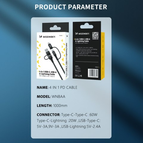 4w1 Uniwersalny kabel przewód 2x USB-C 1x USB-A 1x Lightning 60W 1m czarny WOZINSKY