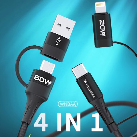 4w1 Uniwersalny kabel przewód 2x USB-C 1x USB-A 1x Lightning 60W 1m czarny WOZINSKY
