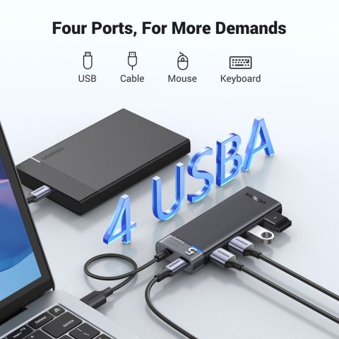 HUB adapter rozdzielacz portów 4x USB-A 3.0 i kablem zasilającym USB-A czarny UGREEN