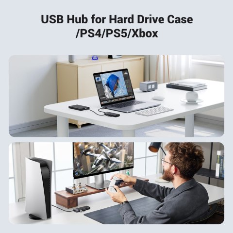 HUB adapter rozdzielacz portów 4x USB-A 3.0 i kablem zasilającym USB-A czarny UGREEN