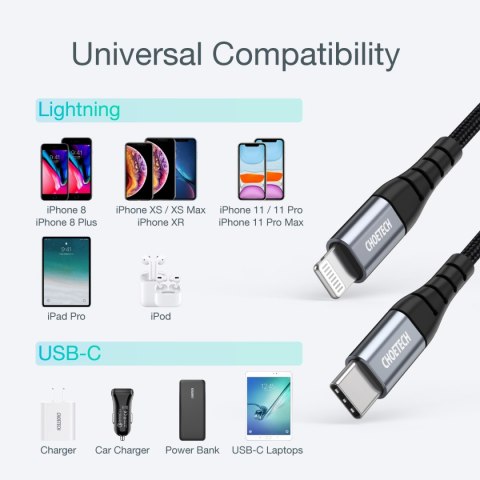 Kabel przewód do iPhone MFi USB-C - Lightning 480Mb/s 3A 2m czarny CHOETECH