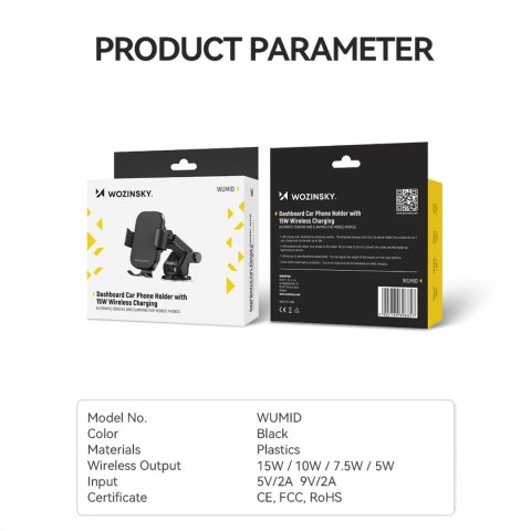 Uchwyt na telefon z ładowarką indukcyjną 15W na deskę rozdzielczą samochodu czarny WOZINSKY