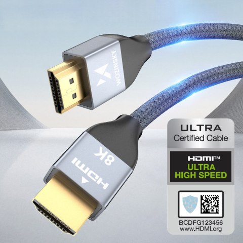 Kabel przewód HDMI 2.1 8K 60 Hz 48 Gbps 4K 120 Hz 2K 144 Hz 5 m srebrny WOZINSKY