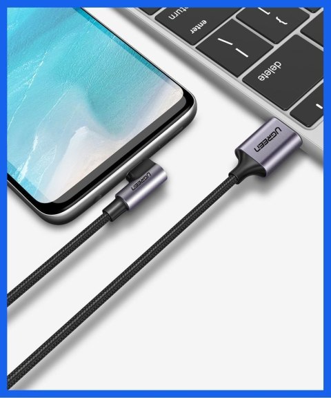 Kabel przewód kątowy w mocnym oplocie USB - USB-C QC 3.0 3A 2m szary UGREEN
