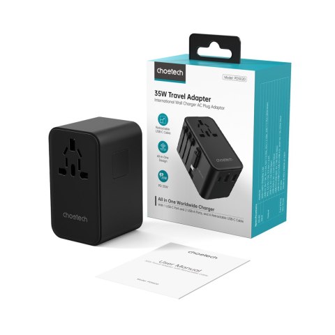 Adapter ładowarka podróżna 35W EU / US / AUS / UK z wbudowanym kablem USB-C - czarny CHOETECH
