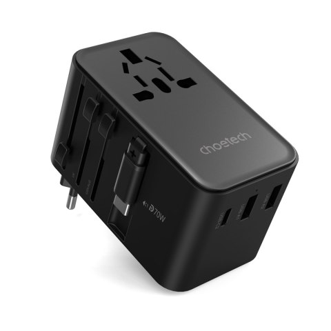 Adapter ładowarka podróżna 70W EU / US / AUS / UK z wbudowanym kablem USB-C - czarny CHOETECH
