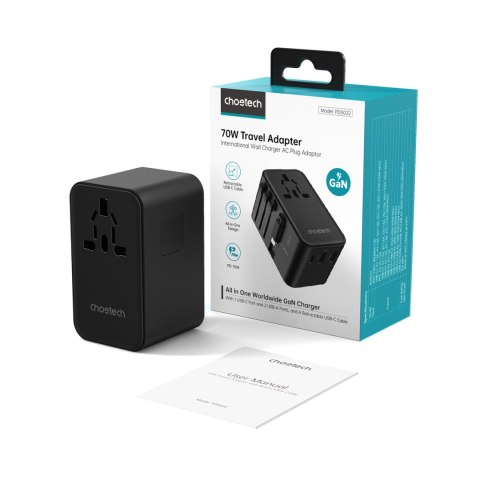 Adapter ładowarka podróżna 70W EU / US / AUS / UK z wbudowanym kablem USB-C - czarny CHOETECH