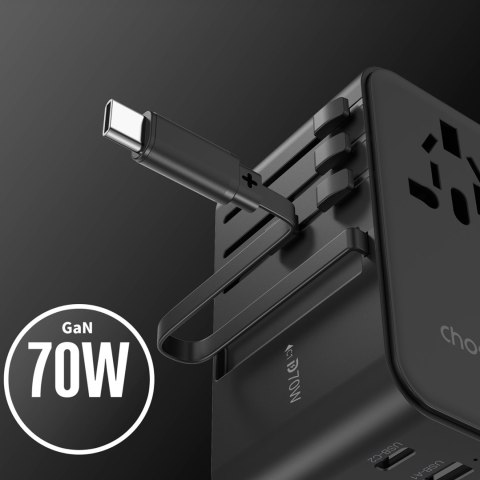 Adapter ładowarka podróżna 70W EU / US / AUS / UK z wbudowanym kablem USB-C - czarny CHOETECH