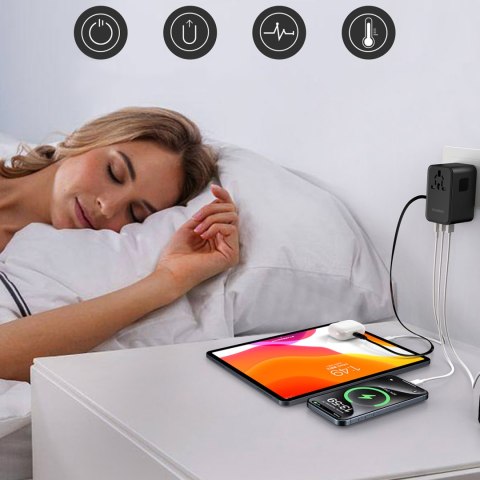 Adapter ładowarka podróżna 70W EU / US / AUS / UK z wbudowanym kablem USB-C - czarny CHOETECH