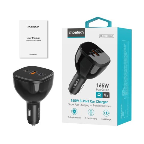 Ładowarka samochodowa 160W 2x USB-C PD 3.1 1x USB-A - czarna CHOETECH