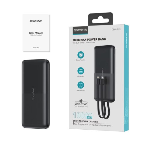 Powerbank 10000 mAh 22.5W USB-A USB-C micro USB z kablem USB-C i Lightning - czarny CHOETECH