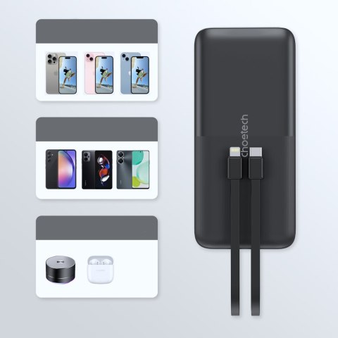 Powerbank 10000 mAh 22.5W USB-A USB-C micro USB z kablem USB-C i Lightning - czarny CHOETECH