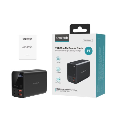 Powerbank stacja zasilania 27000 mAh 2x USB-A 2x USB-C 100W - czarny CHOETECH