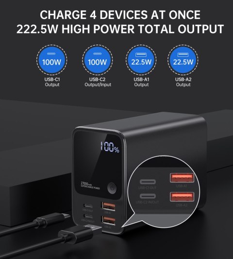 Powerbank stacja zasilania 27000 mAh 2x USB-A 2x USB-C 100W - czarny CHOETECH