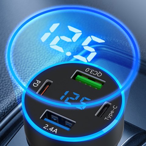 Ładowarka samochodowa z wyświetlaczem 50W 2xUSB-C i 2xUSB-A - czarna WOZINSKY