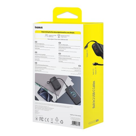 Power bank 10000mAh QPow 2 30W z wbudowanymi kablami USB-C - czarny BASEUS