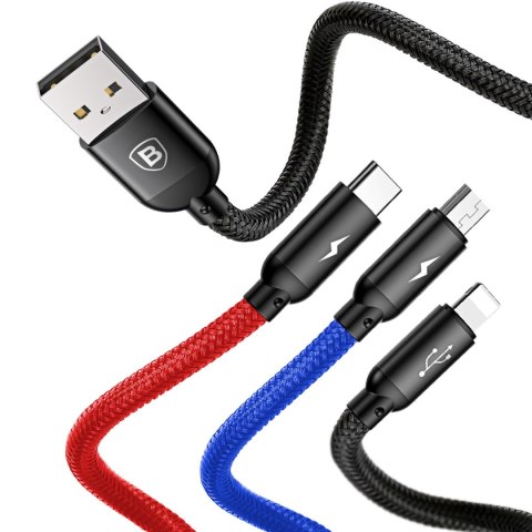 3w1 Kabel przewód USB-A - micro USB / iPhone Lightning / USB-C 3.5A 0.3m - czarny BASEUS