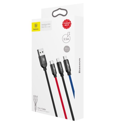 3w1 Kabel przewód USB-A - micro USB / iPhone Lightning / USB-C 3.5A 0.3m - czarny BASEUS