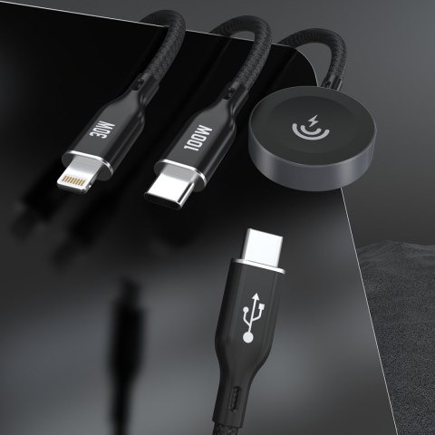 3w1 Kabel przewód USB-C - USB-C / iPhone Lightning / ładowarka do Apple Watch PD 100W 1.2m - czarny DUDAO