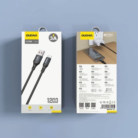 Kabel przewód z oplotem L3SM USB-A - MicroUSB 3A 1.2m - czarny DUDAO
