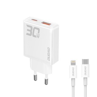 Ładowarka sieciowa GaN A30EUL 30W USB-A USB-C + kabel USB-C - Lightning - biała DUDAO