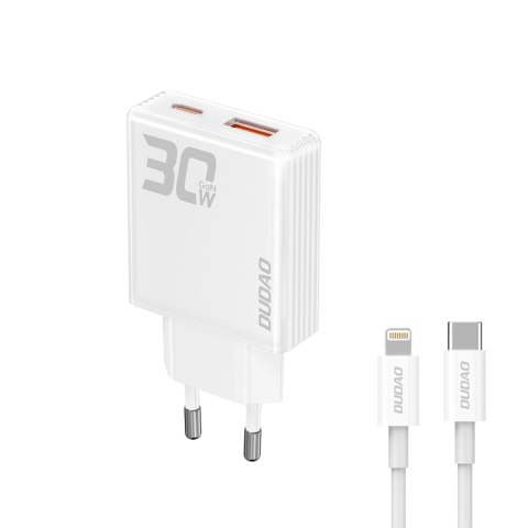Ładowarka sieciowa GaN A30EUL 30W USB-A USB-C + kabel USB-C - Lightning - biała DUDAO