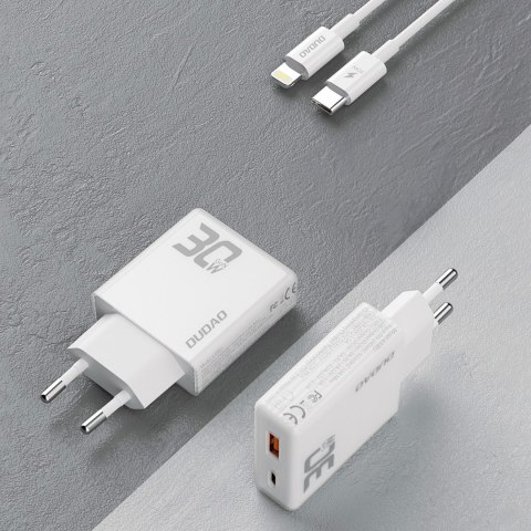Ładowarka sieciowa GaN A30EUL 30W USB-A USB-C + kabel USB-C - Lightning - biała DUDAO