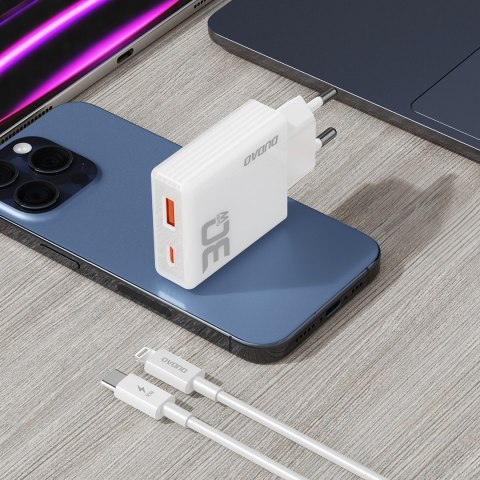 Ładowarka sieciowa GaN A30EUL 30W USB-A USB-C + kabel USB-C - Lightning - biała DUDAO